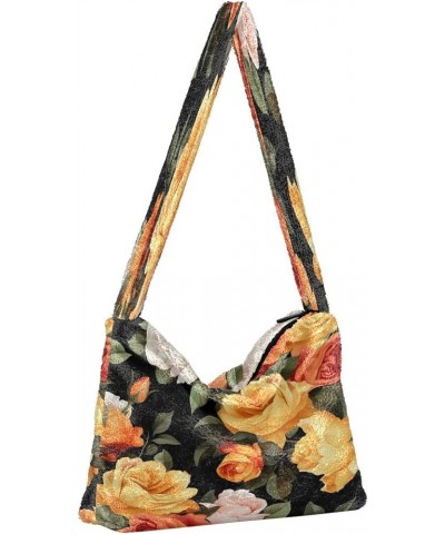 Tropical Leaves Women Shoulder Bag, Fall Shoulder Bags for Women, Womens Outdoor Bag Colorful Flower of Orange and Yellow Ros...