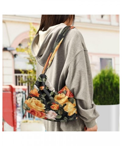 Tropical Leaves Women Shoulder Bag, Fall Shoulder Bags for Women, Womens Outdoor Bag Colorful Flower of Orange and Yellow Ros...