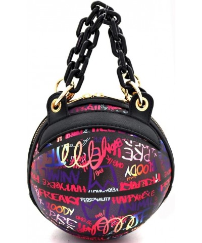 Multicolored Graffiti Print Round Ball Shape Unique Clutch Top-Handle Satchel Handbag Ball Shape W/ Plastic Chain (Samll) - D...