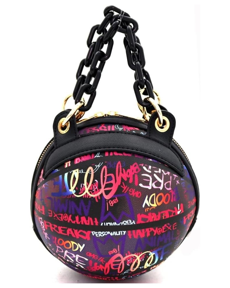 Multicolored Graffiti Print Round Ball Shape Unique Clutch Top-Handle Satchel Handbag Ball Shape W/ Plastic Chain (Samll) - D...