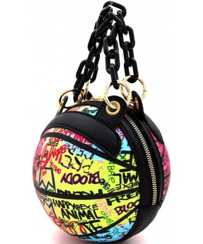 Multicolored Graffiti Print Round Ball Shape Unique Clutch Top-Handle Satchel Handbag Ball Shape W/ Plastic Chain (Samll) - D...