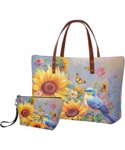 Purses for Women Tote Satchel Shoulder with Matching Wallet, Large Top Handle Purse with PU Make Up Bag Sunflower Bird-blue a...