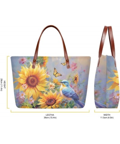 Purses for Women Tote Satchel Shoulder with Matching Wallet, Large Top Handle Purse with PU Make Up Bag Sunflower Bird-blue a...