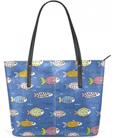 Handbags for Women Tote Bags with 11.08"(L) x 3.54"(W) x 11.02"(W) - Kitty Ball Fish Blue $18.48 Totes