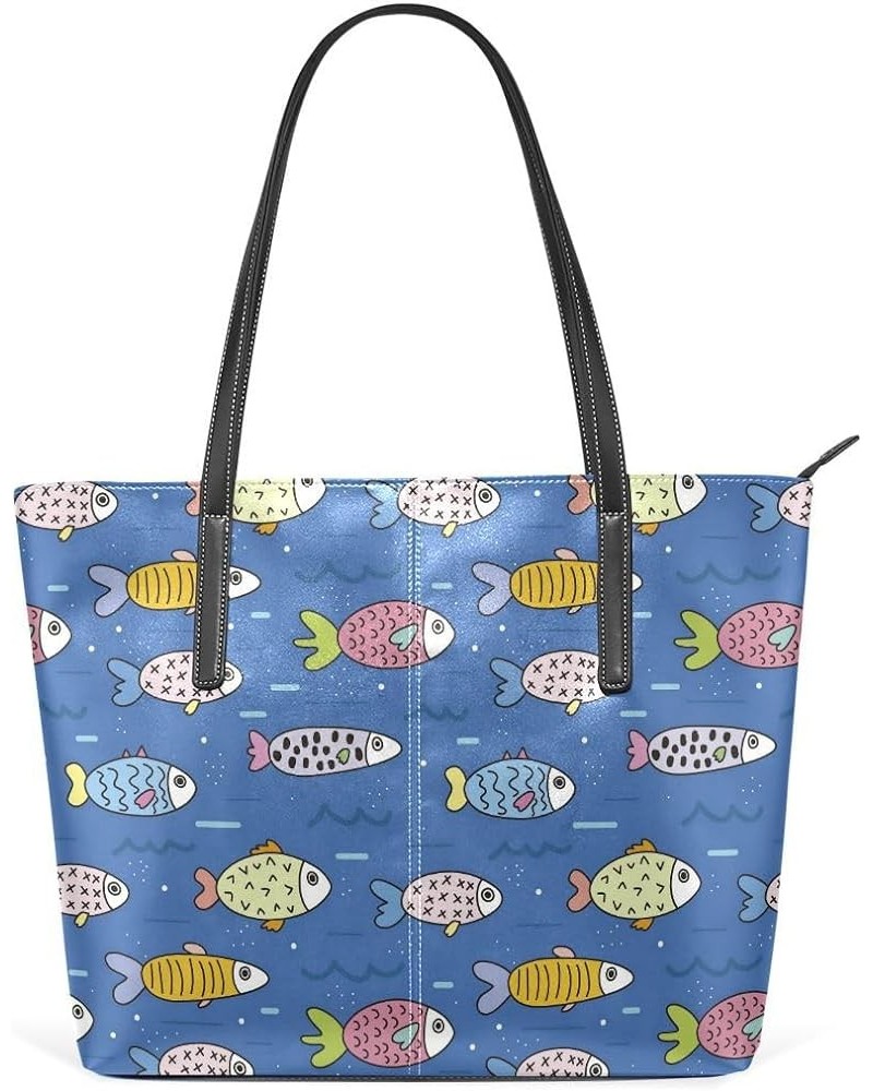 Handbags for Women Tote Bags with 11.08"(L) x 3.54"(W) x 11.02"(W) - Kitty Ball Fish Blue $18.48 Totes