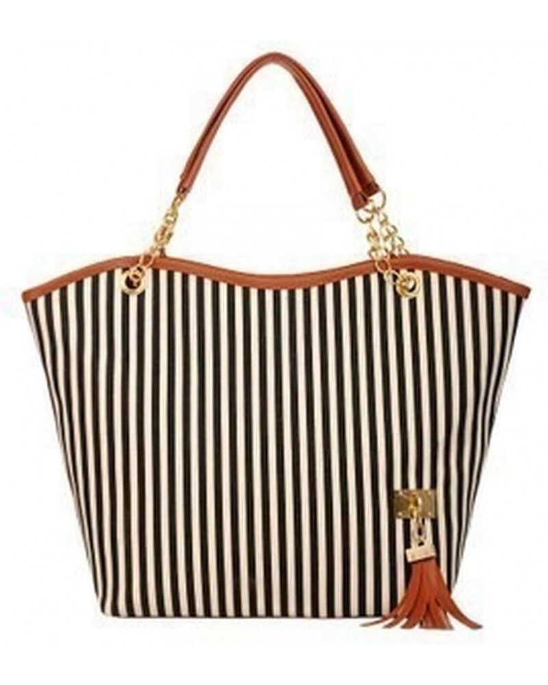 Women's Striped Tassels Canvas Single Shoulder Handbag Shopping Tote Black $26.95 Totes