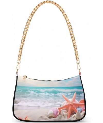 Shoulder Tote HandBag for Women Starfish on Sandy Beach Clutch Single Chain Crossbody Bag with Zipper Closure $14.70 Totes