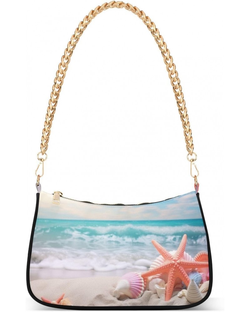 Shoulder Tote HandBag for Women Starfish on Sandy Beach Clutch Single Chain Crossbody Bag with Zipper Closure $14.70 Totes