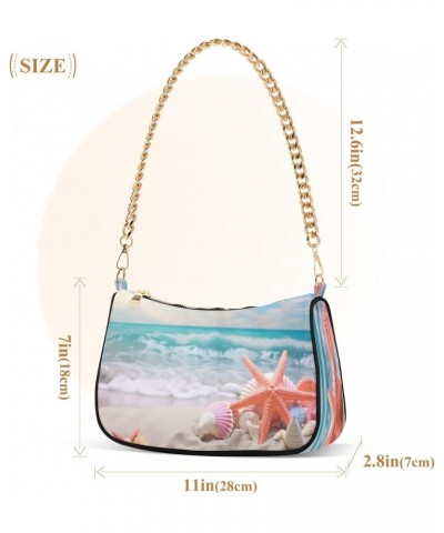 Shoulder Tote HandBag for Women Starfish on Sandy Beach Clutch Single Chain Crossbody Bag with Zipper Closure $14.70 Totes